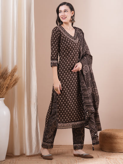 Ethnic Floral Printed Embroidered Straight Fit Kurta with Pant and Dupatta - Brown