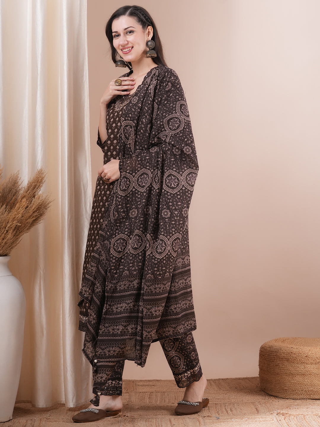 Ethnic Floral Printed Embroidered Straight Fit Kurta with Pant and Dupatta - Brown