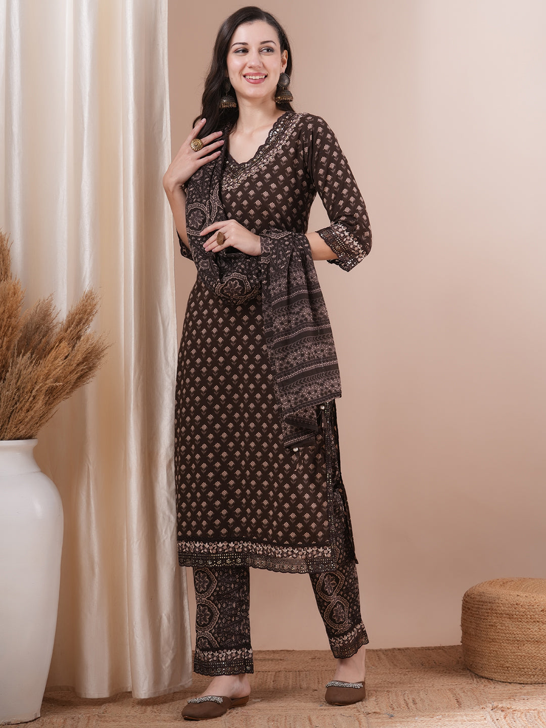 Ethnic Floral Printed Embroidered Straight Fit Kurta with Pant and Dupatta - Brown