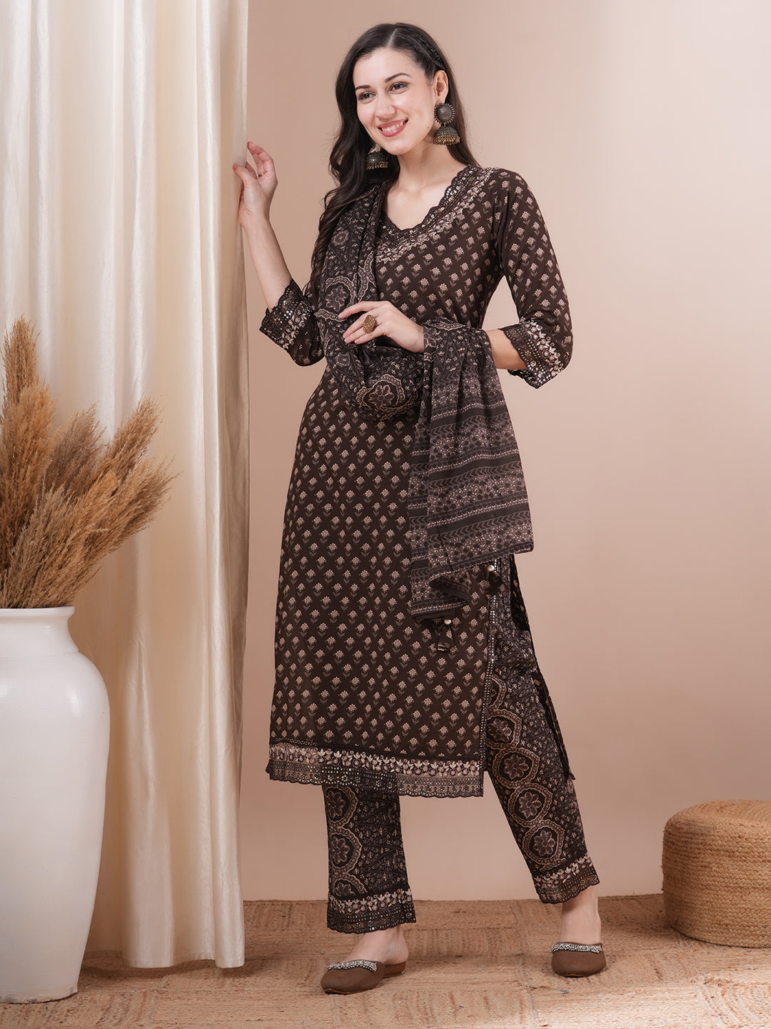 Ethnic Floral Printed Embroidered Straight Fit Kurta with Pant and Dupatta - Brown