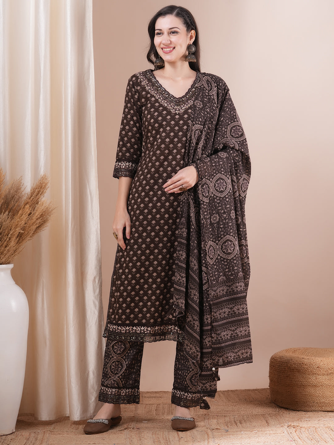 Ethnic Floral Printed Embroidered Straight Fit Kurta with Pant and Dupatta - Brown