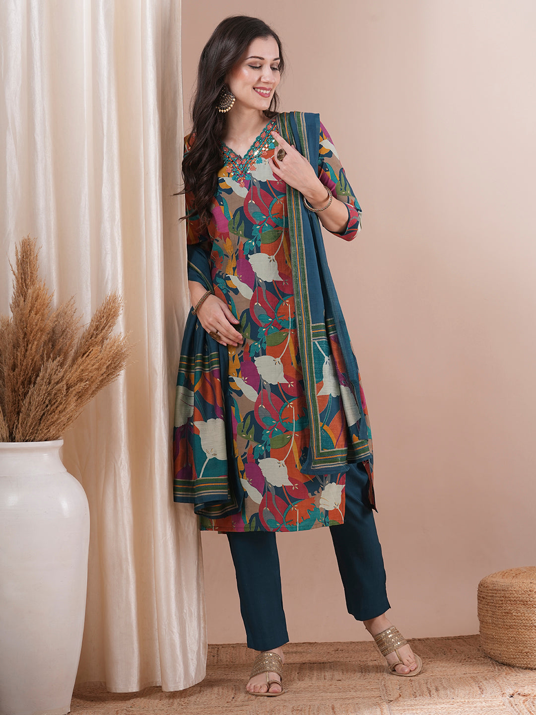 Floral Printed & Hand Embroidered Straight Kurta with Pant and Dupatta - Sea Green