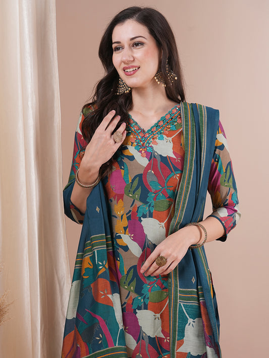 Floral Printed & Hand Embroidered Straight Kurta with Pant and Dupatta - Sea Green