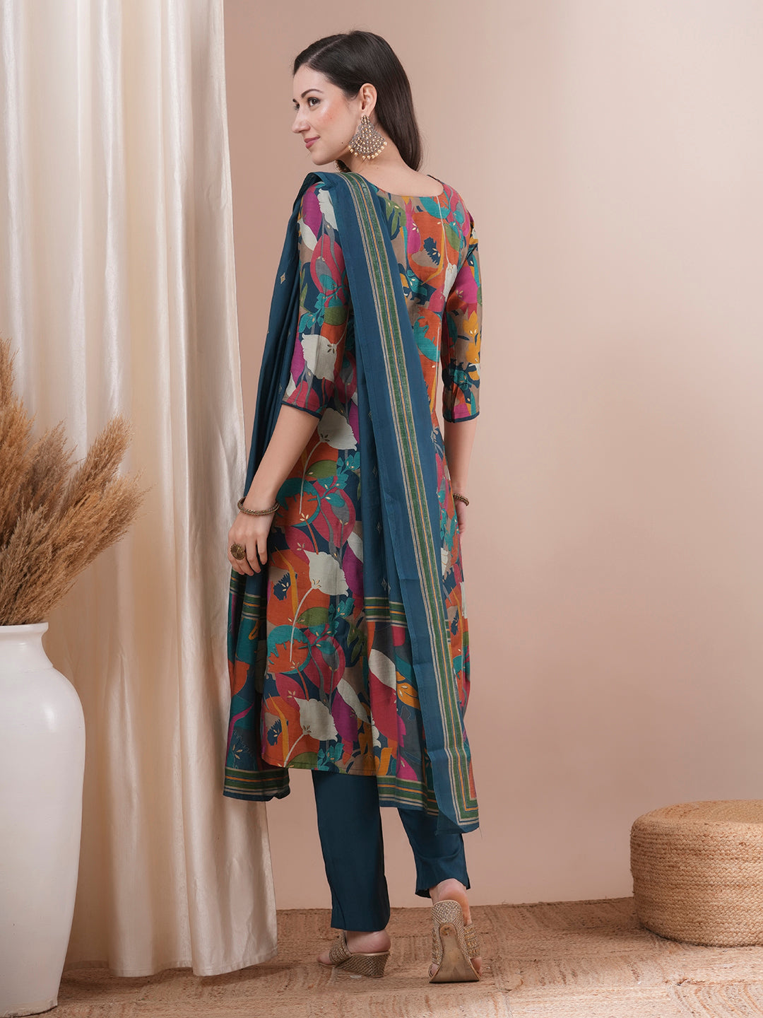 Floral Printed & Hand Embroidered Straight Kurta with Pant and Dupatta - Sea Green