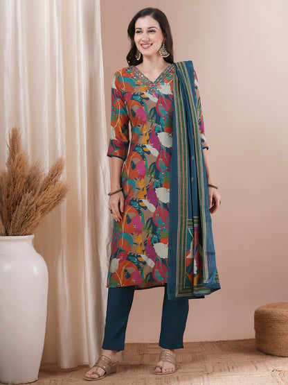 Floral Printed & Hand Embroidered Straight Kurta with Pant and Dupatta - Sea Green