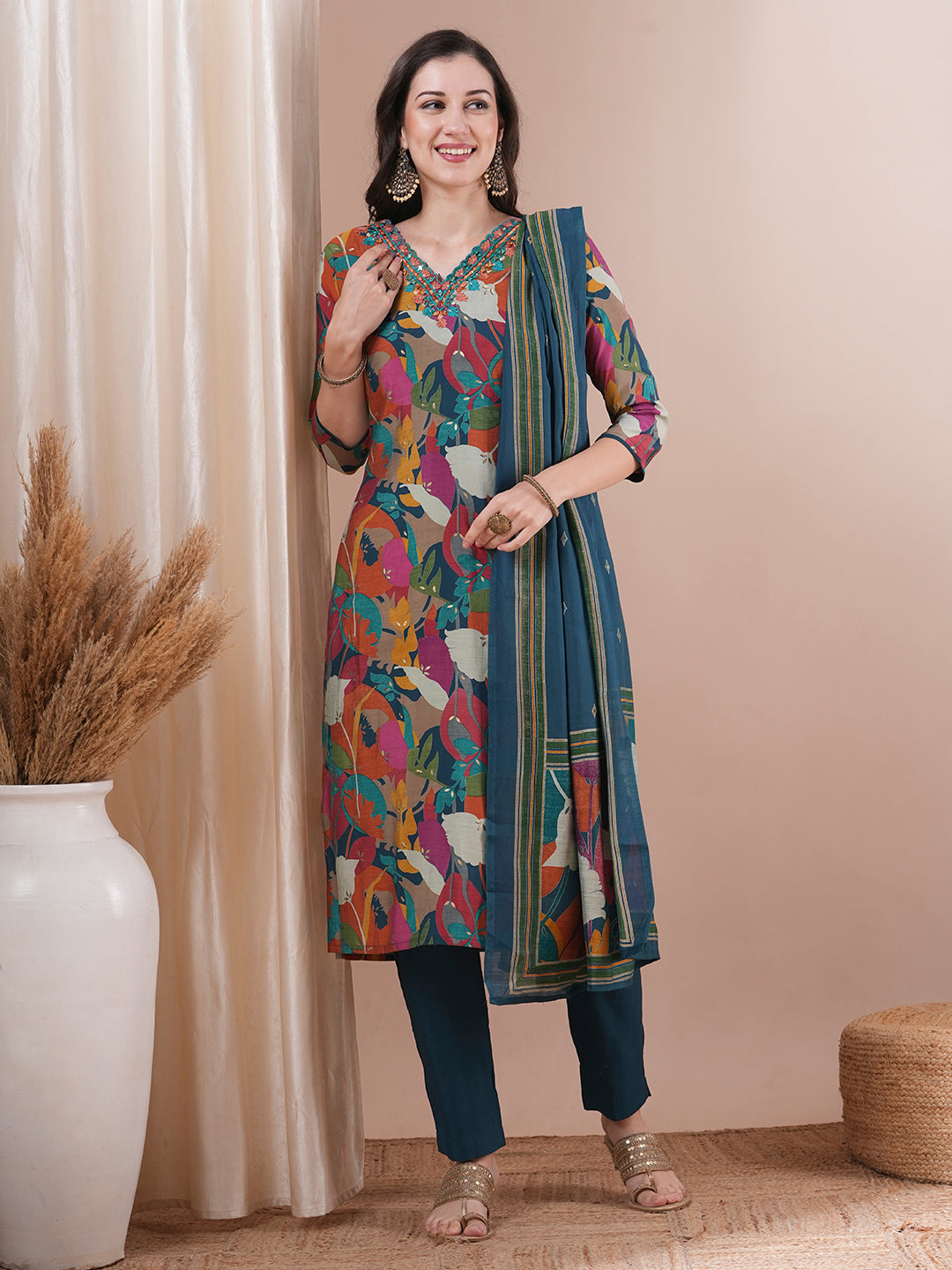 Floral Printed & Hand Embroidered Straight Kurta with Pant and Dupatta - Sea Green