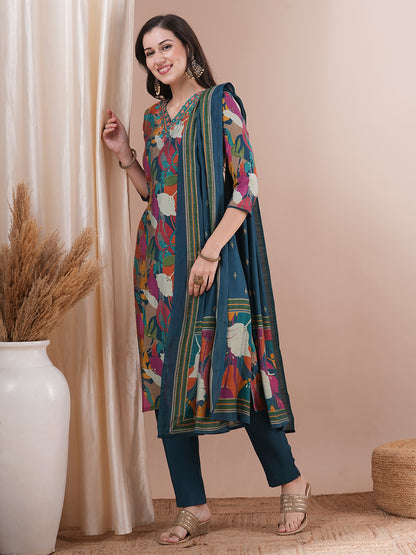 Floral Printed & Hand Embroidered Straight Kurta with Pant and Dupatta - Sea Green