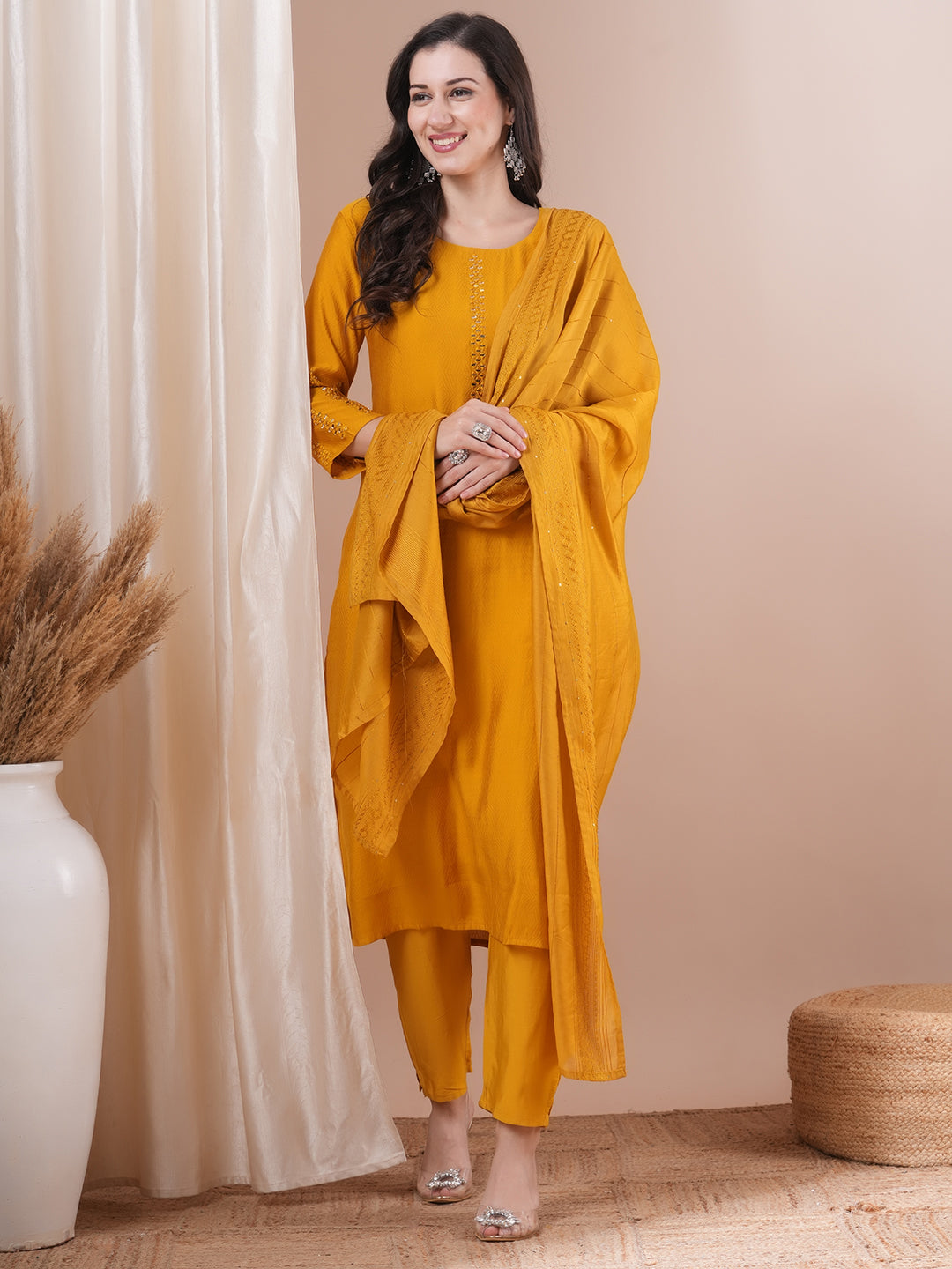 Solid Mirror Embroidered Straight Fit Kurta with Pant and Dupatta - Mustard