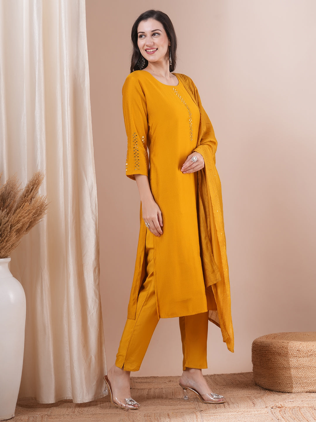 Solid Mirror Embroidered Straight Fit Kurta with Pant and Dupatta - Mustard