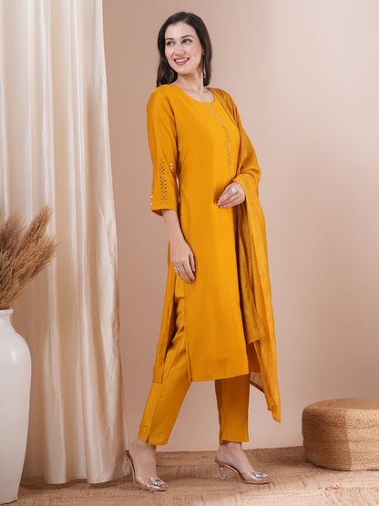 Solid Mirror Embroidered Straight Fit Kurta with Pant and Dupatta - Mustard