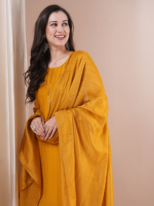 Solid Mirror Embroidered Straight Fit Kurta with Pant and Dupatta - Mustard