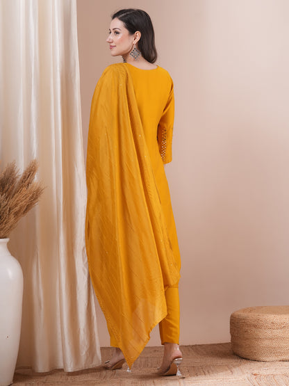 Solid Mirror Embroidered Straight Fit Kurta with Pant and Dupatta - Mustard