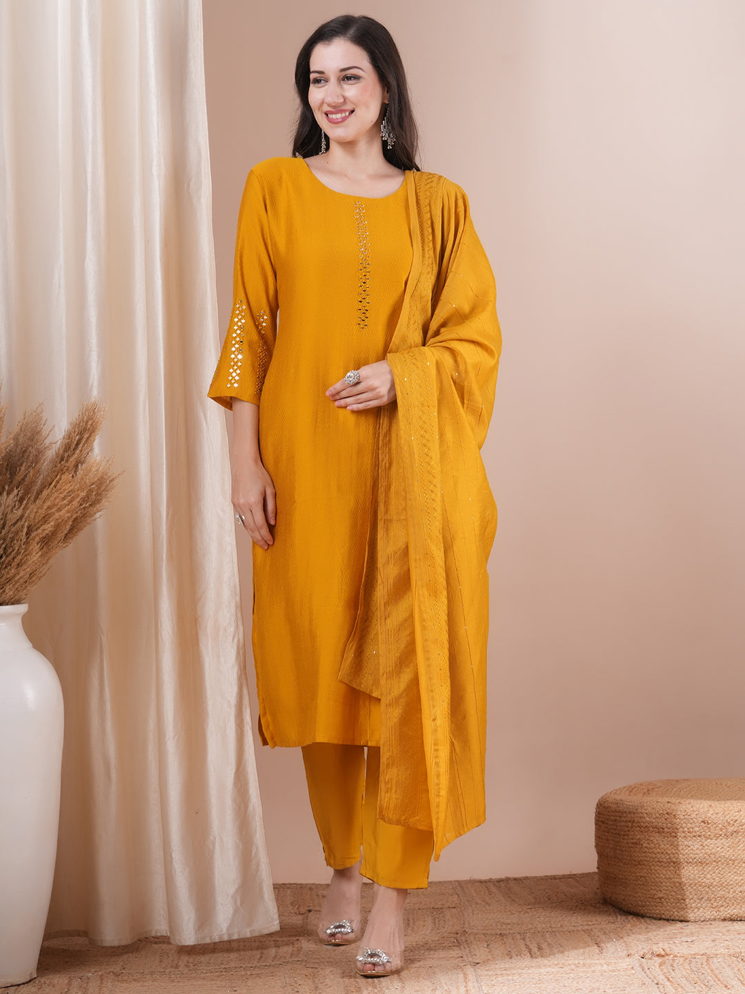 Solid Mirror Embroidered Straight Fit Kurta with Pant and Dupatta - Mustard