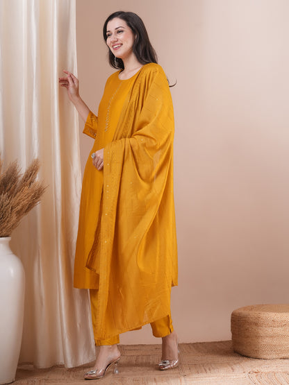 Solid Mirror Embroidered Straight Fit Kurta with Pant and Dupatta - Mustard