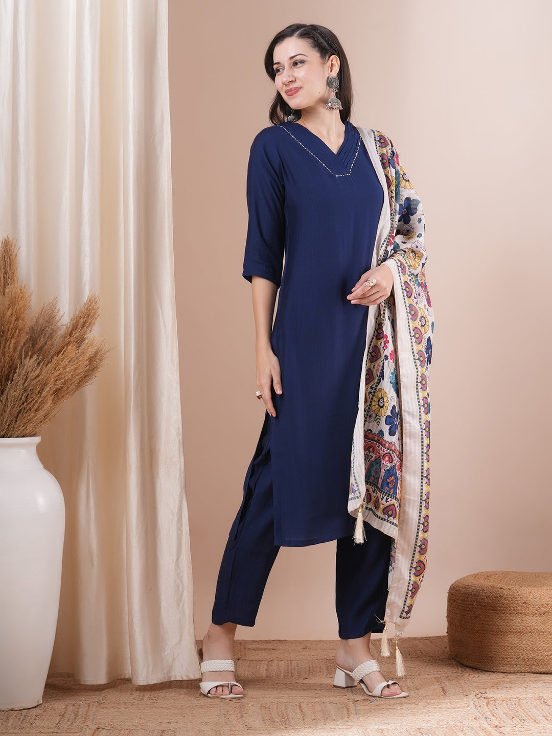 Solid Straight Fit Kurta with Pant & Ethnic Printed Dupatta - Blue