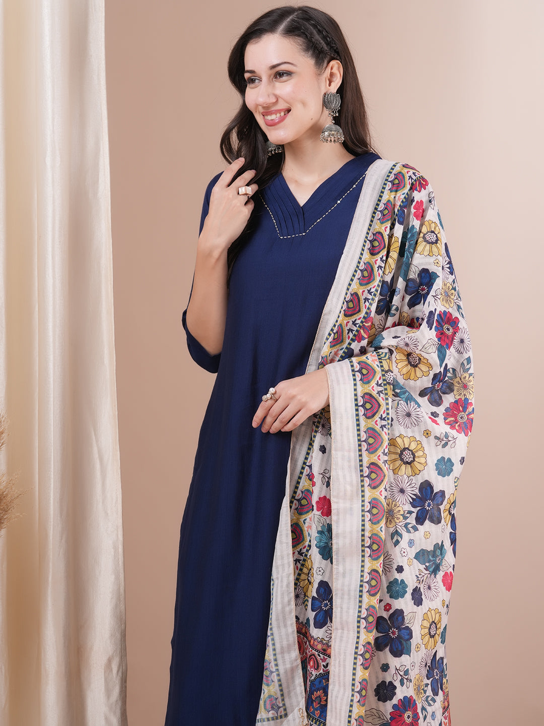 Solid Straight Fit Kurta with Pant & Ethnic Printed Dupatta - Blue