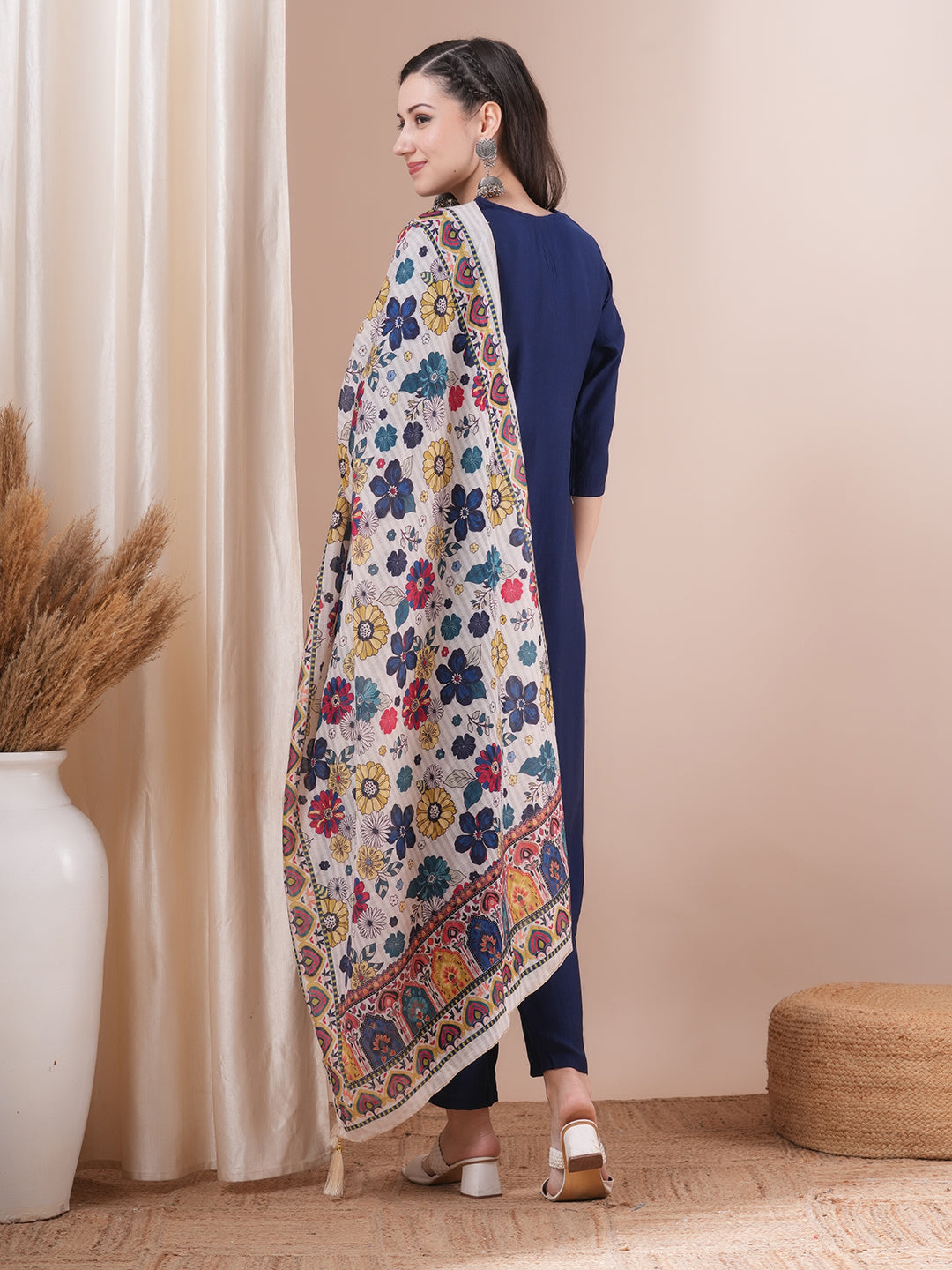 Solid Straight Fit Kurta with Pant & Ethnic Printed Dupatta - Blue