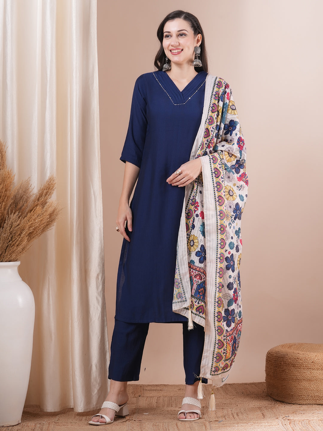 Solid Straight Fit Kurta with Pant & Ethnic Printed Dupatta - Blue