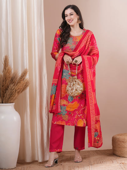 Ethnic Floral Printed & Embroidered Straight Fit Kurta with Pant and Dupatta - Pink