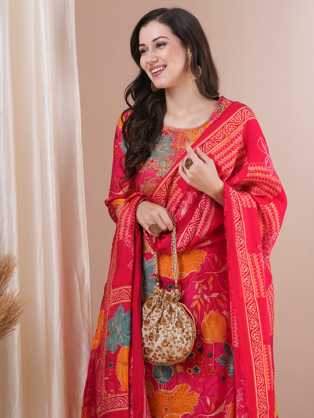 Ethnic Floral Printed & Embroidered Straight Fit Kurta with Pant and Dupatta - Pink