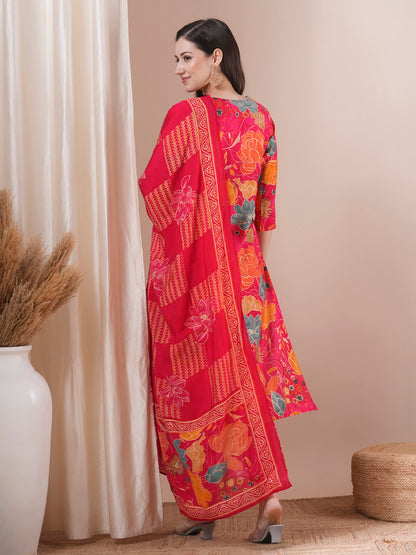 Ethnic Floral Printed & Embroidered Straight Fit Kurta with Pant and Dupatta - Pink