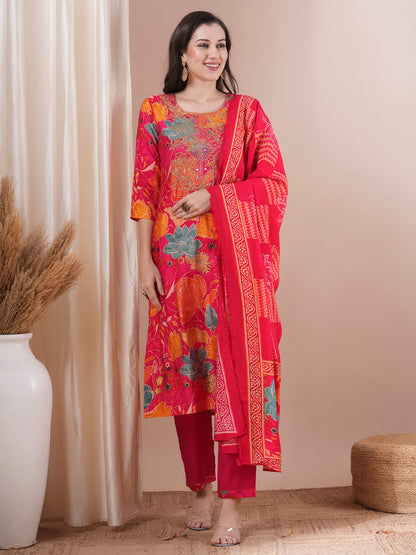 Ethnic Floral Printed & Embroidered Straight Fit Kurta with Pant and Dupatta - Pink