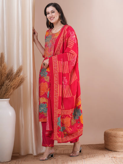 Ethnic Floral Printed & Embroidered Straight Fit Kurta with Pant and Dupatta - Pink