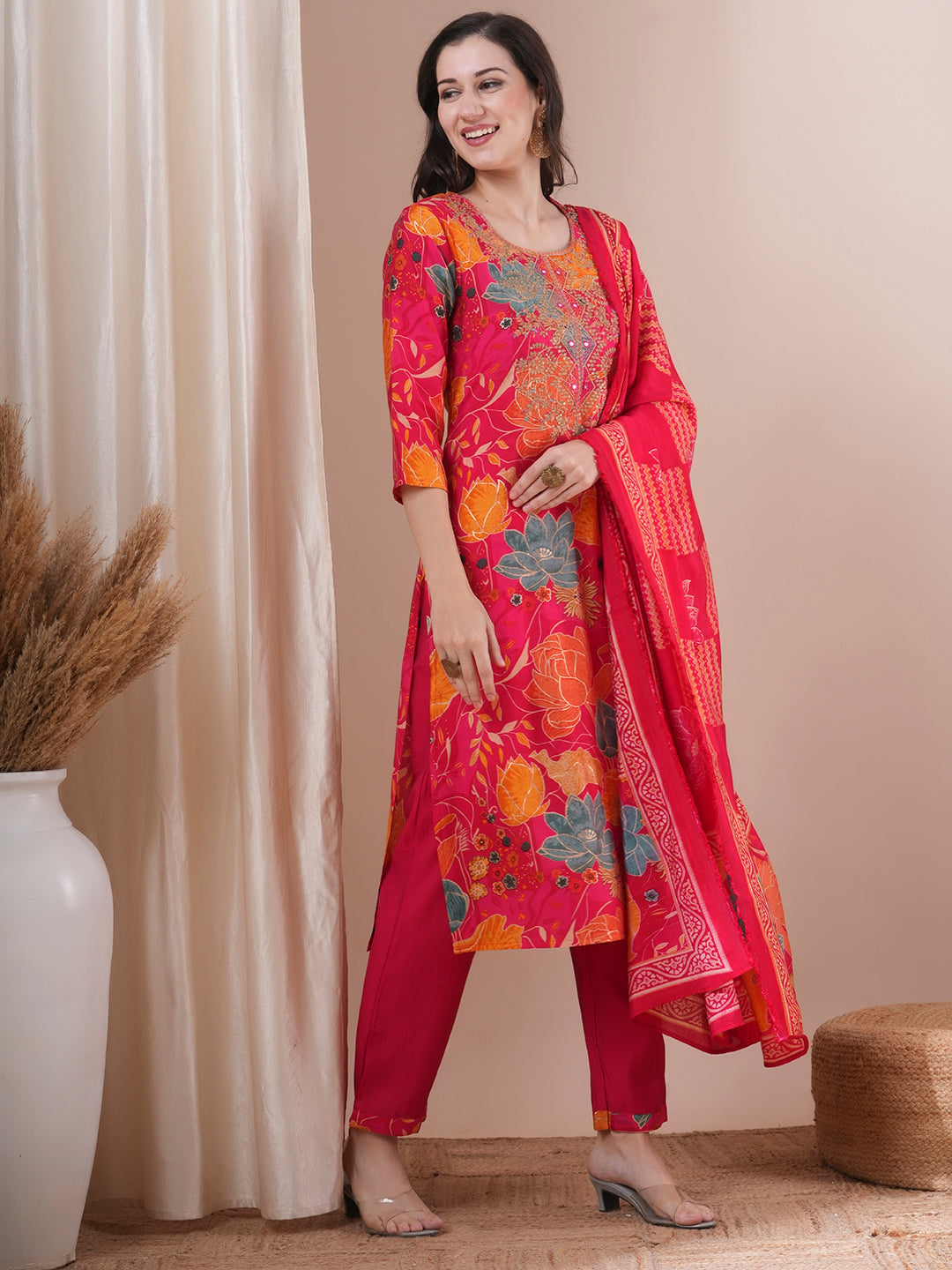 Ethnic Floral Printed & Embroidered Straight Fit Kurta with Pant and Dupatta - Pink