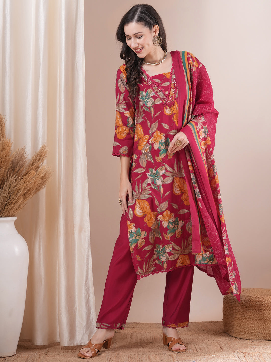 Floral Printed & Hand Embroidered Straight Kurta with Pant and Dupatta - Pink