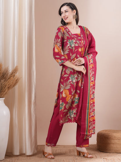 Floral Printed & Hand Embroidered Straight Kurta with Pant and Dupatta - Pink