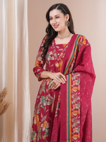 Floral Printed & Hand Embroidered Straight Kurta with Pant and Dupatta - Pink