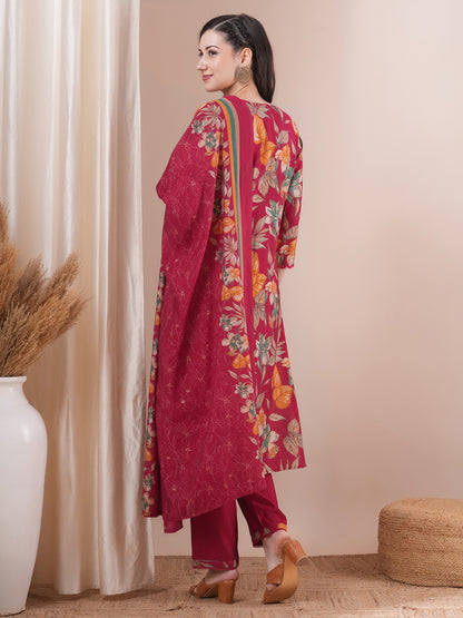 Floral Printed & Hand Embroidered Straight Kurta with Pant and Dupatta - Pink