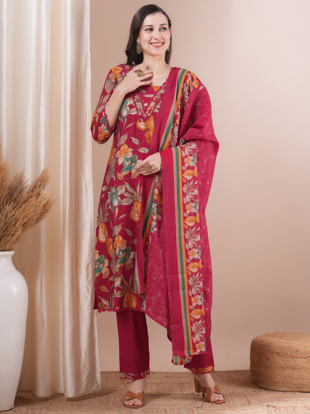 Floral Printed & Hand Embroidered Straight Kurta with Pant and Dupatta - Pink