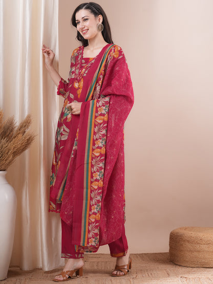 Floral Printed & Hand Embroidered Straight Kurta with Pant and Dupatta - Pink