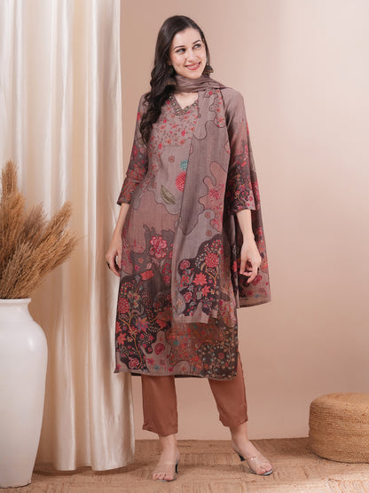 Ethnic Printed & Embroidered Straight Fit Kurta with Pant & Dupatta - Taupe