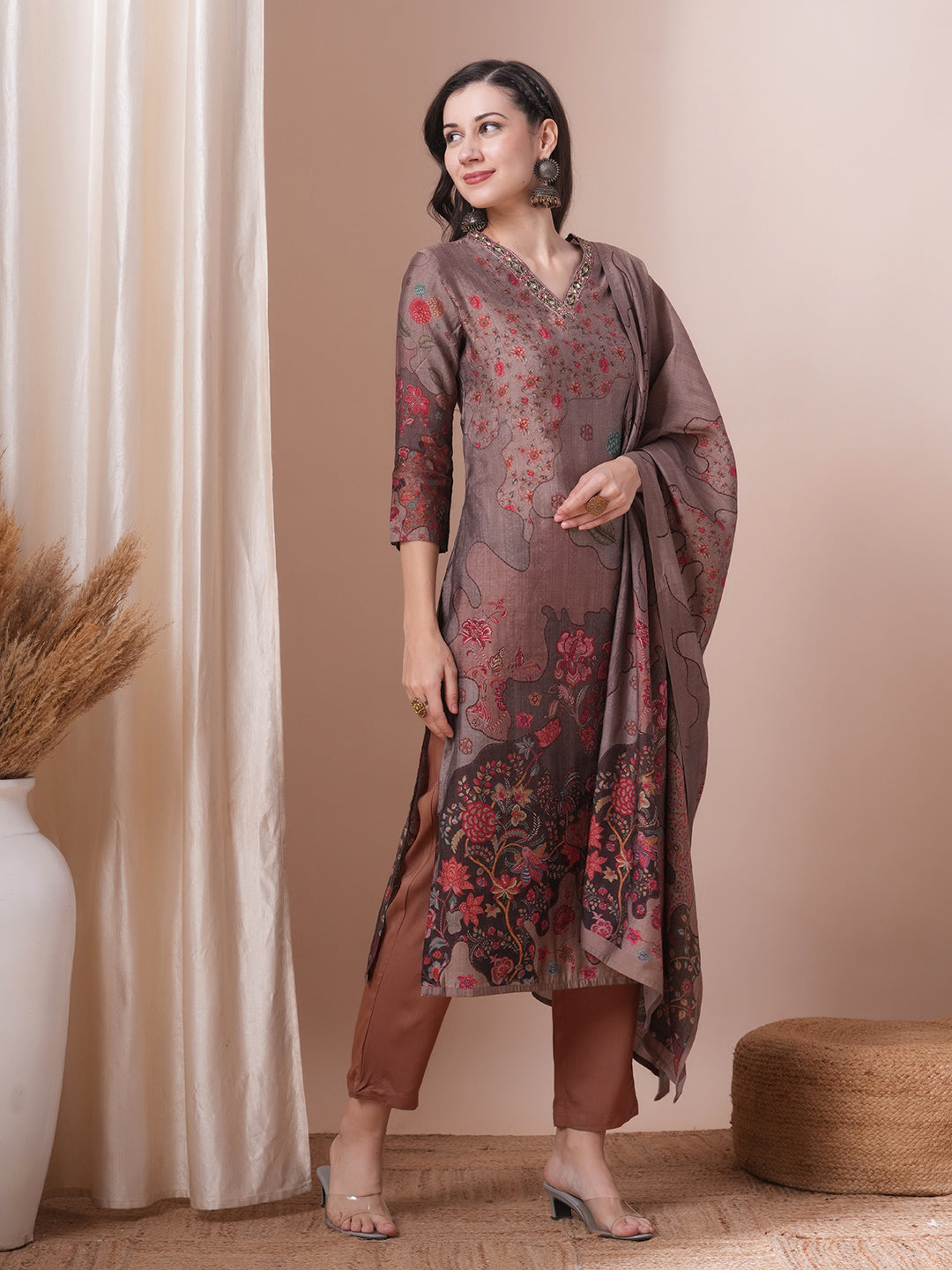 Ethnic Printed & Embroidered Straight Fit Kurta with Pant & Dupatta - Taupe