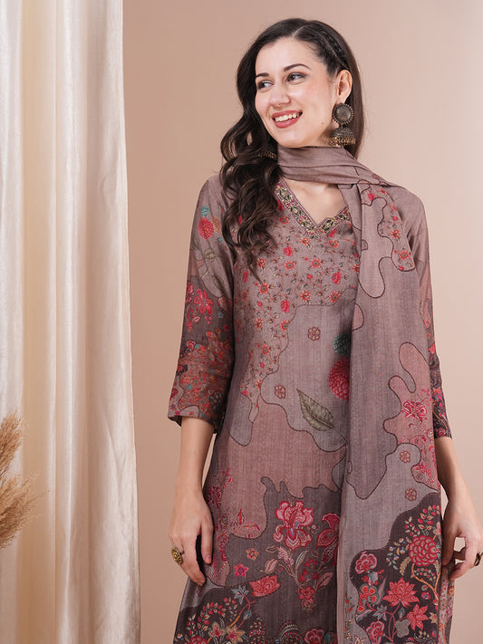 Ethnic Printed & Embroidered Straight Fit Kurta with Pant & Dupatta - Taupe