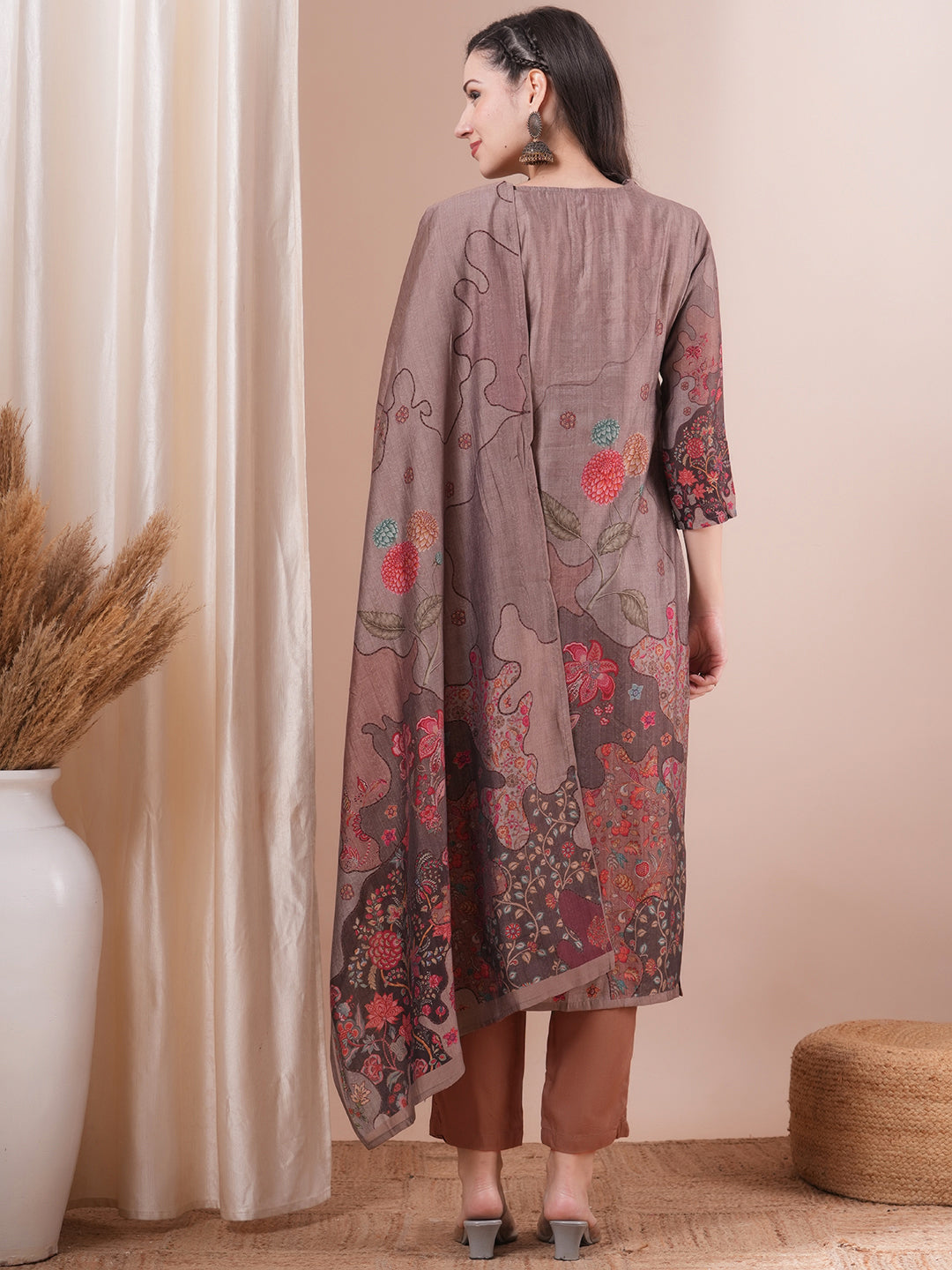 Ethnic Printed & Embroidered Straight Fit Kurta with Pant & Dupatta - Taupe