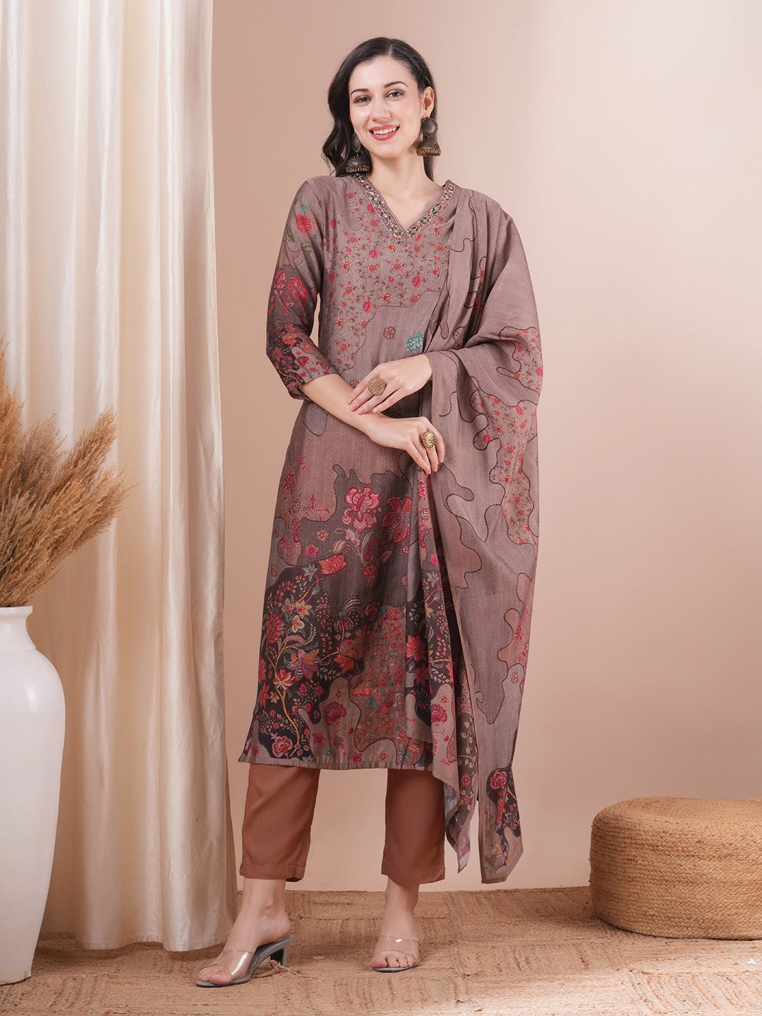 Ethnic Printed & Embroidered Straight Fit Kurta with Pant & Dupatta - Taupe