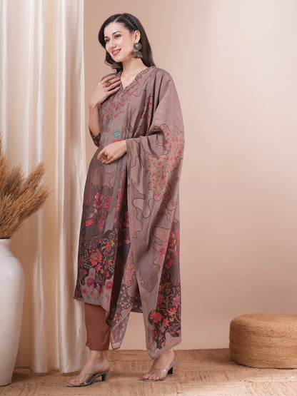 Ethnic Printed & Embroidered Straight Fit Kurta with Pant & Dupatta - Taupe