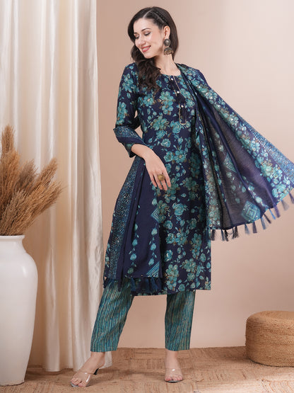 Floral Foil Printed Straight Fit Kurta with Pant & Dupatta - Blue