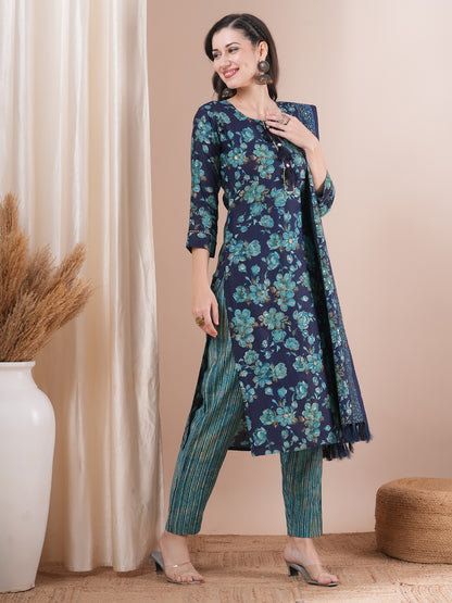 Floral Foil Printed Straight Fit Kurta with Pant & Dupatta - Blue