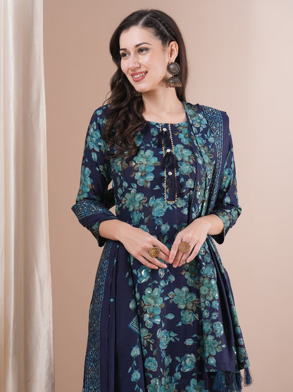 Floral Foil Printed Straight Fit Kurta with Pant & Dupatta - Blue