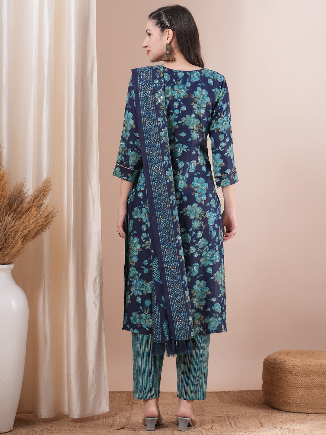 Floral Foil Printed Straight Fit Kurta with Pant & Dupatta - Blue