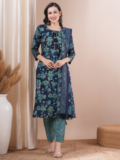 Floral Foil Printed Straight Fit Kurta with Pant & Dupatta - Blue