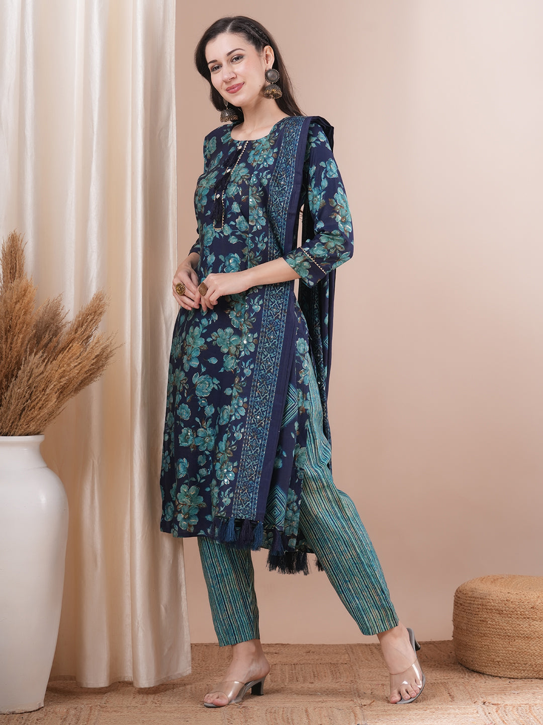 Floral Foil Printed Straight Fit Kurta with Pant & Dupatta - Blue