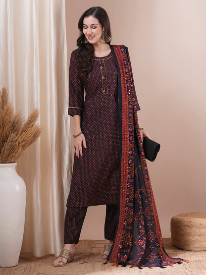 Floral Foil Printed Straight Fit Kurta with Pant & Dupatta - Black