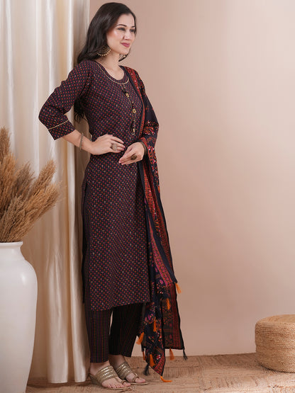 Floral Foil Printed Straight Fit Kurta with Pant & Dupatta - Black