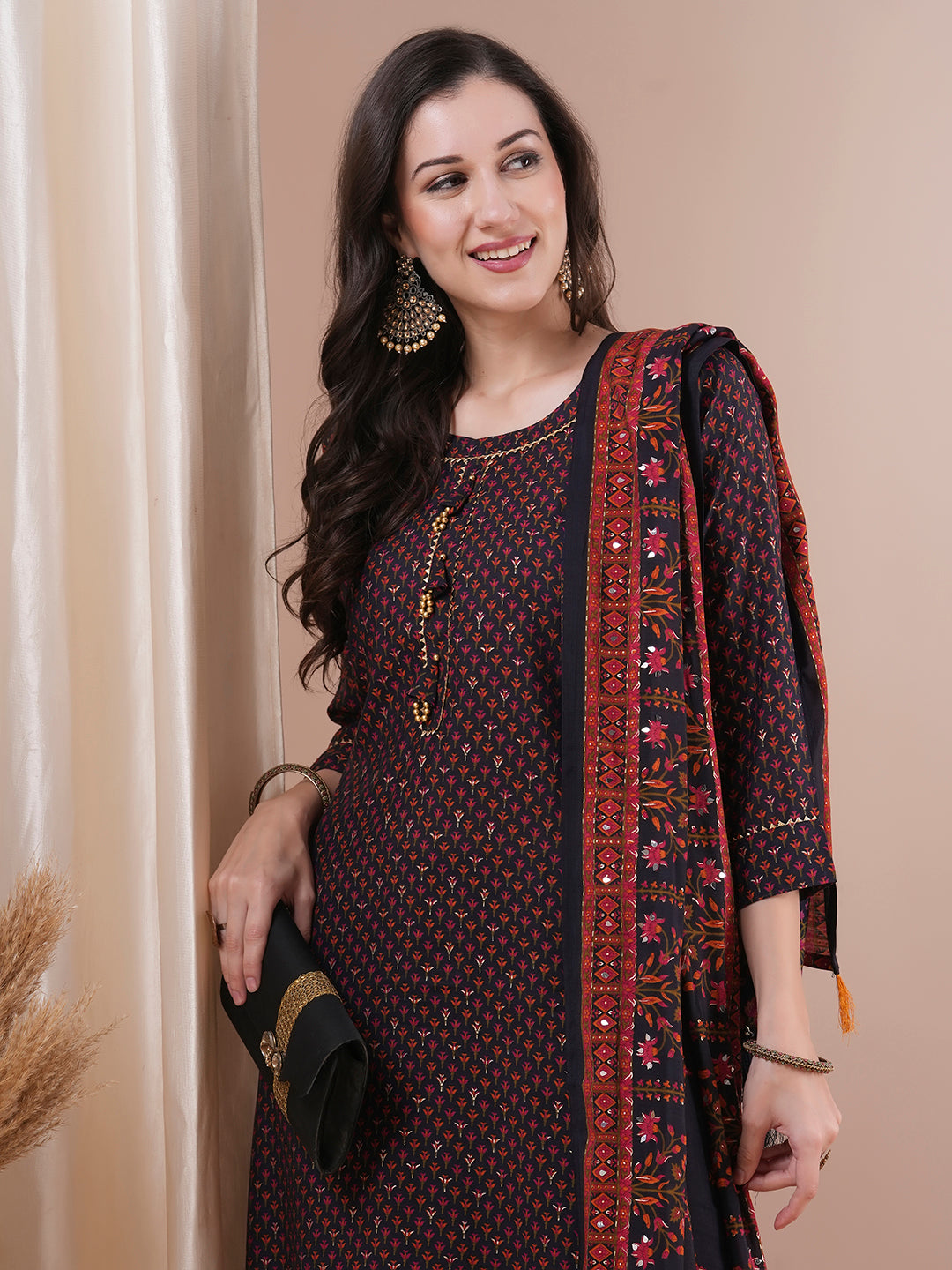 Floral Foil Printed Straight Fit Kurta with Pant & Dupatta - Black