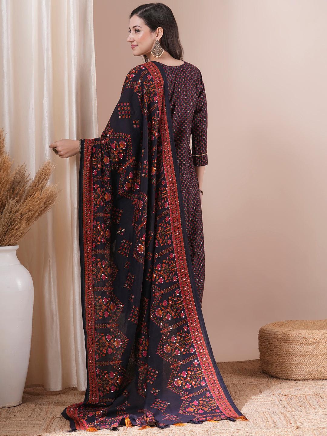 Floral Foil Printed Straight Fit Kurta with Pant & Dupatta - Black